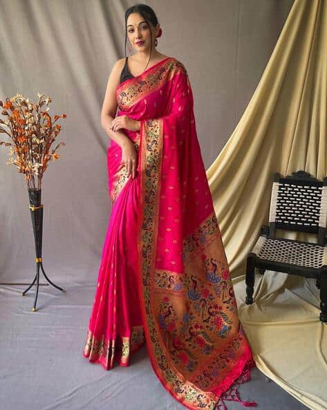 PANZORA Women Paithani Silk Saree with Peacock Woven Motifs