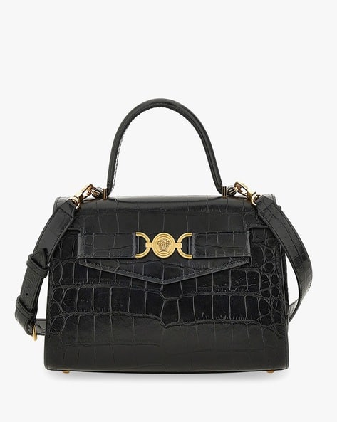 Buy VERSACE Croc-Effect Medusa Sling Bag Black Color Women