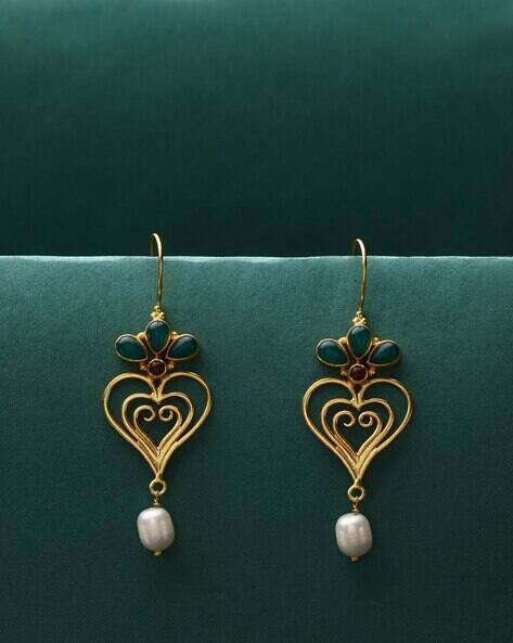 Women Sterling Silver Gold-Plated Stone-Studded Dangler Earrings