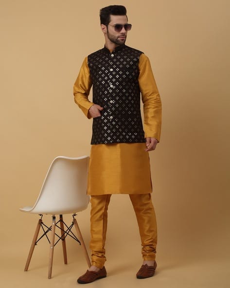 Men Relaxed Fit 3-Piece Suit Set with Embroidered Nehru Jacket
