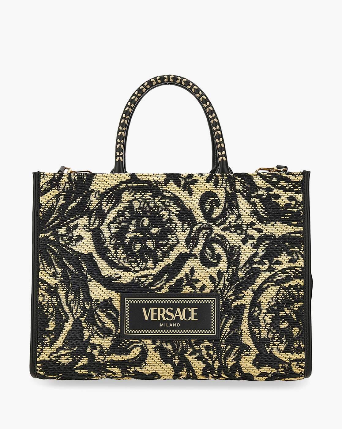VERSACE アテナ トート　ラフィア Buy VERSACE Barocco Athena Raffia Medium Tote Bag | Black & White