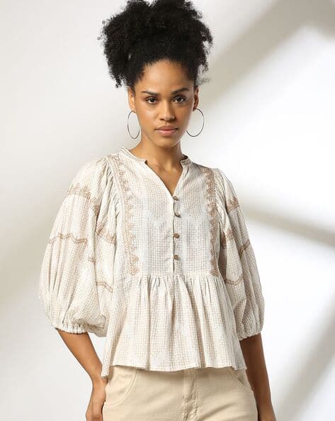 Buy DNMX Women Printed Regular Fit Peplum Top Online | Ajio.com