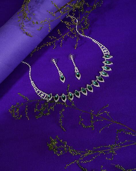 Sohi Silver-Plated Stone-Studded Necklace & Earrings Set