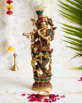 ecraftindia Lord Krishna Playing Flute Idol with Stone Work - 13.77 Inch Height-picture-49