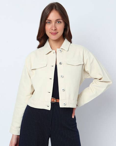 Ajio Vero Moda White Denim Jacket Cropped Jacket With Button Closure