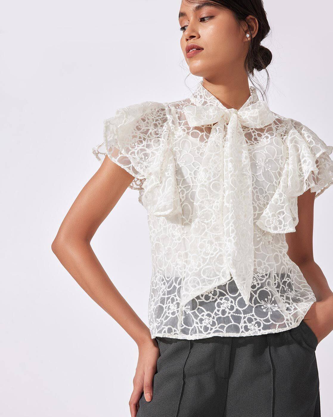 Buy The Label Life Floral Lace Top with Tie-Up Online | Ajio.com