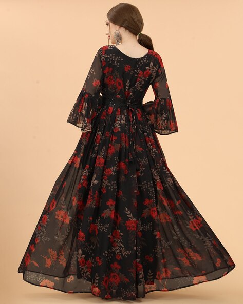 Floral Print V neck Gown Dress with Bell Sleeves