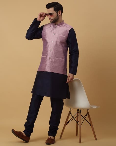 Kraft India Men Relaxed Fit Kurta Churidar Suit with Nehru Jackets Set