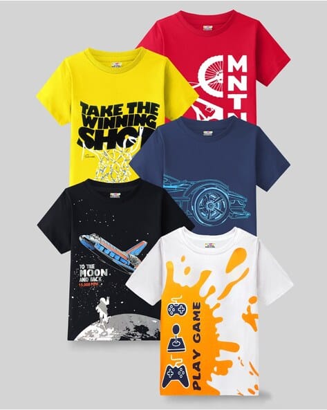 74% OFF on Boys Pack of 5 Graphic Print Relaxed Fit Round-Neck T-Shirts
