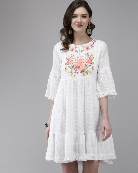 Flower embroidered white dress best sale