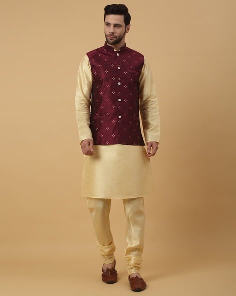 Kraft India Men Geometric Relaxed Fit Kurta Churidar Suit with Nehru Jackets Set