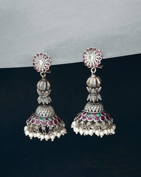 Women Silver-Plated Stone-Studded Jhumka Earrings