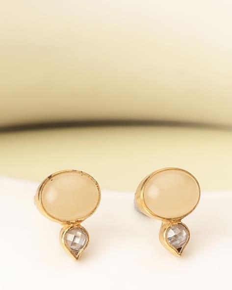 Women Sterling Silver Gold-Plated Stone-Studded Stud Earrings