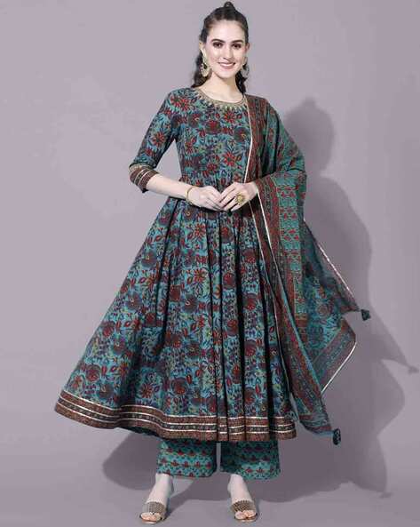 Floral Print Flared Kurta Suit Set