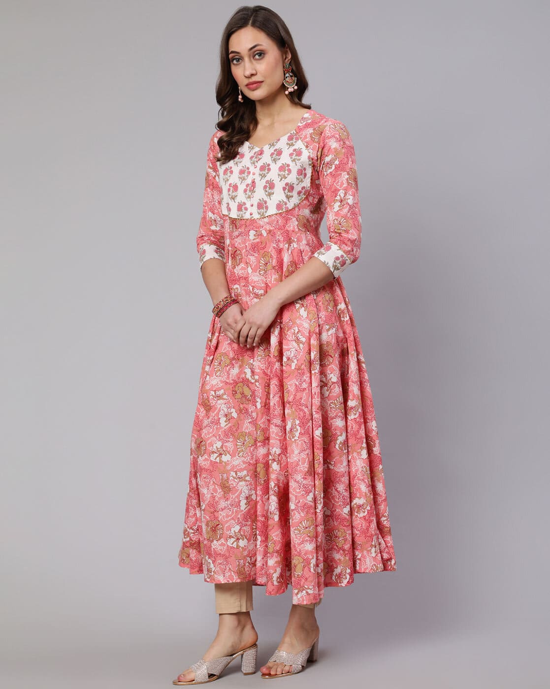 Floral Print V-Neck Flared Kurta