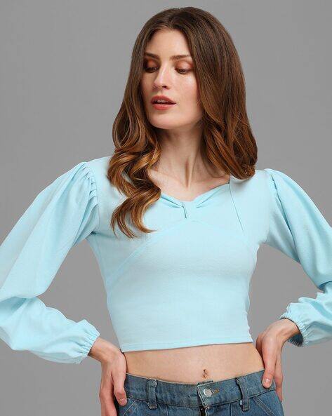 cropped peasant top with puff sleeves