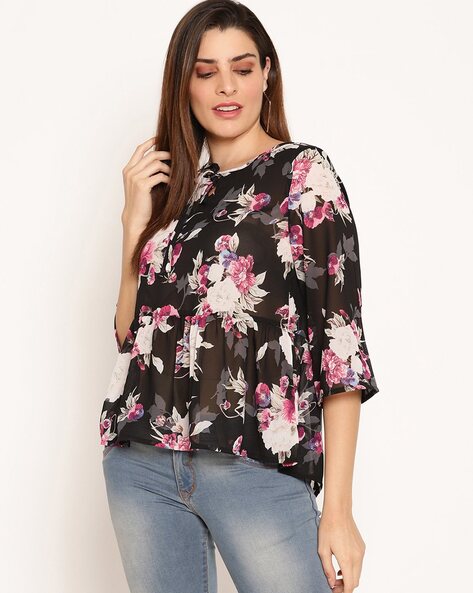 Ruhaans Floral Print Round-Neck Top