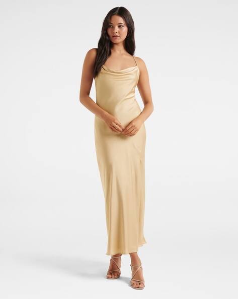 slim fit dress slacks Forever new  Mindy Bardot Ruffle Midi  Dresses  Gold