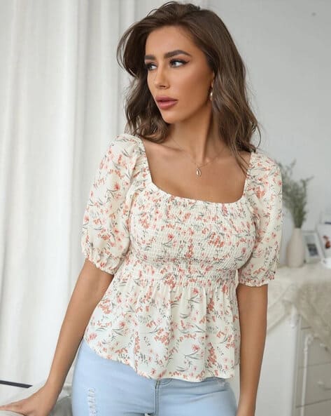 Tior Floral Print Square-Neck Peplum Top