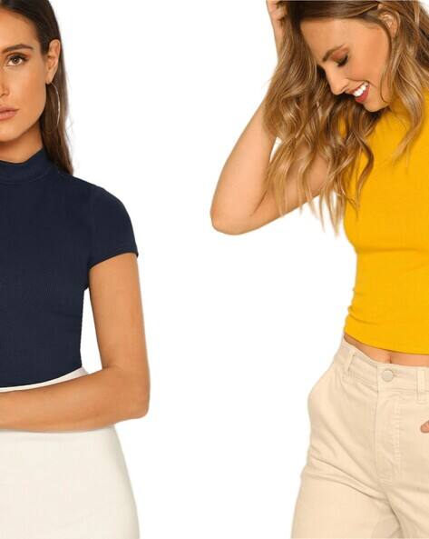 women's navy and yellow tops