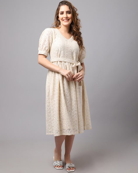slim fit dress slacks Dawn Lace Belted Midi Dress