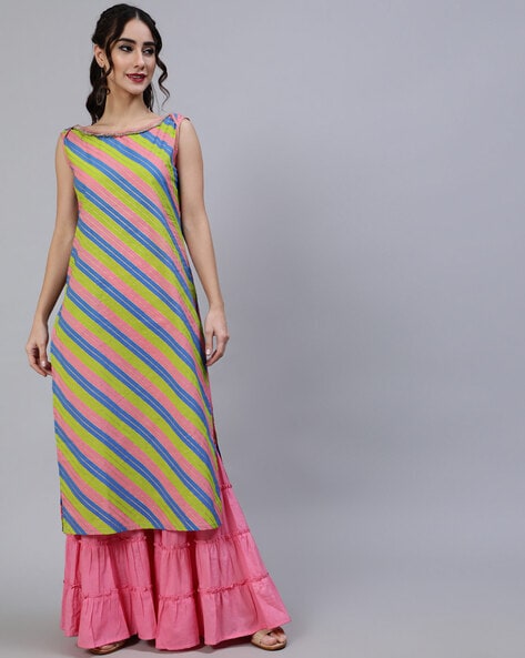 Aks Striped Boat-Neck Straight Kurta