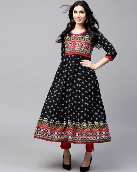 Aks Printed Round-Neck Anarkali Kurta