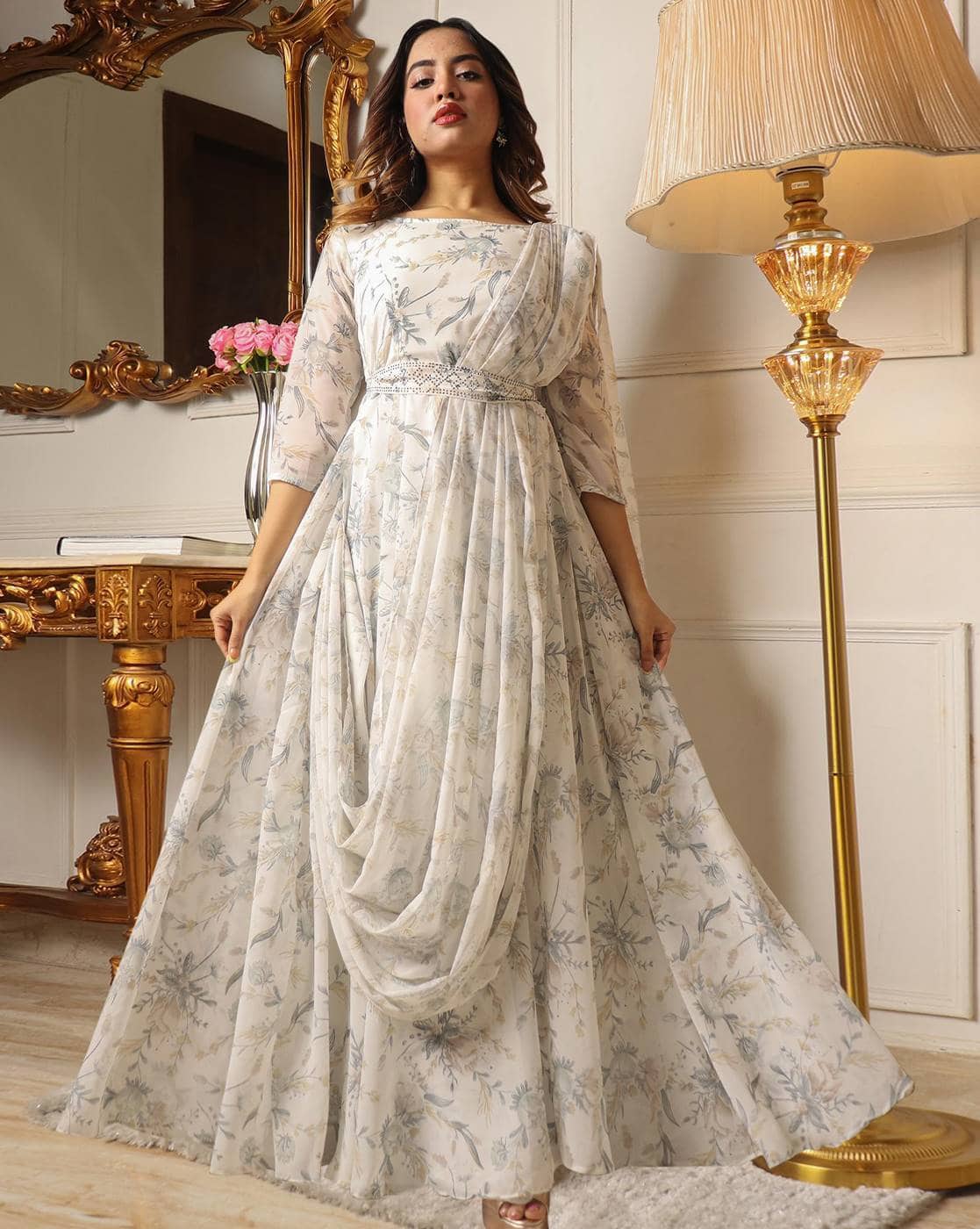 Women Floral Print Fit Flare Gown