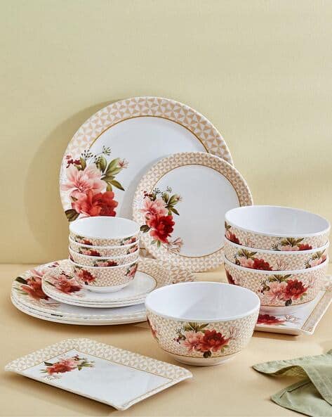 Set of Floral Print Corsica Azalea Melamine Dinner Plates