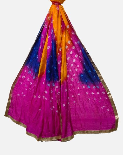 Handcrafted Tie & Dye Jaipuri Art silk Dupatta with Golden Lace Trim