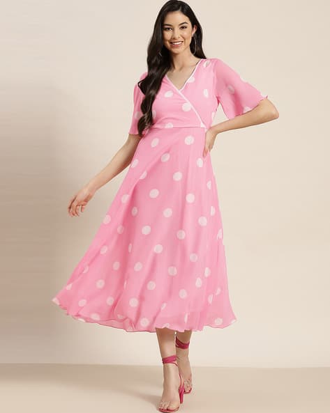 Polka-Dot Print V-neck Fit Flare