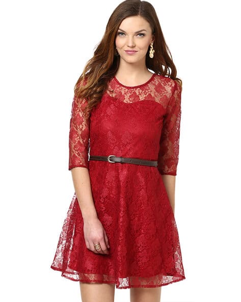 Floral Pattern Lace A-line Dress with Belt