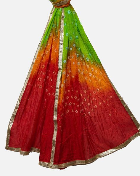 Handcrafted Tie & Dye Jaipuri Art silk Dupatta with Golden Lace Trim