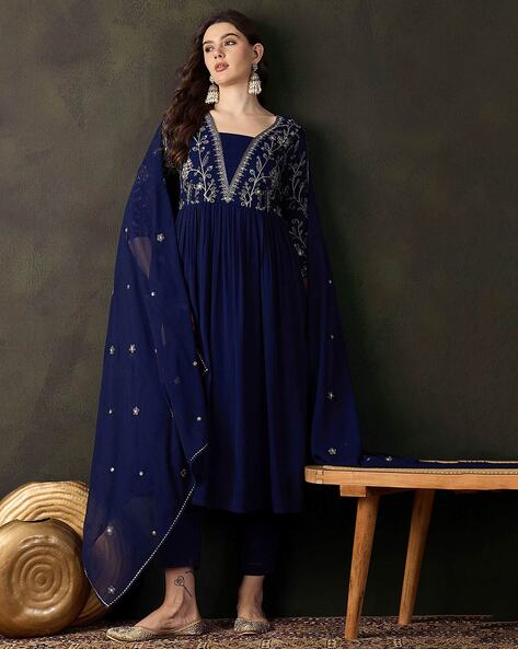 Women Embellished Flared Kurta with Pants & Dupatta