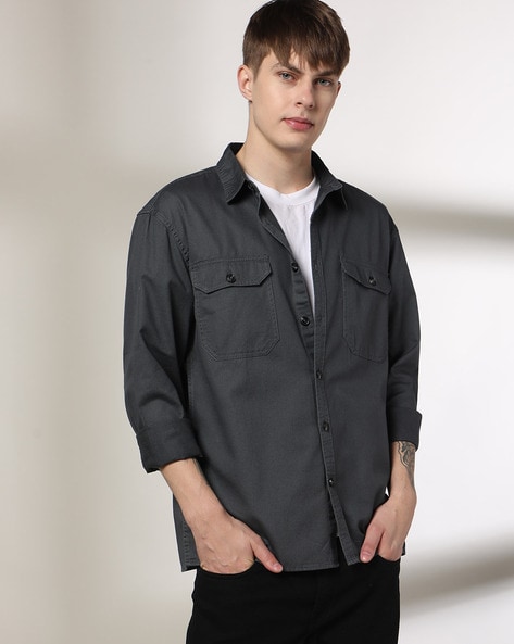 Men Oversized Cotton Shirt with Flap Pockets