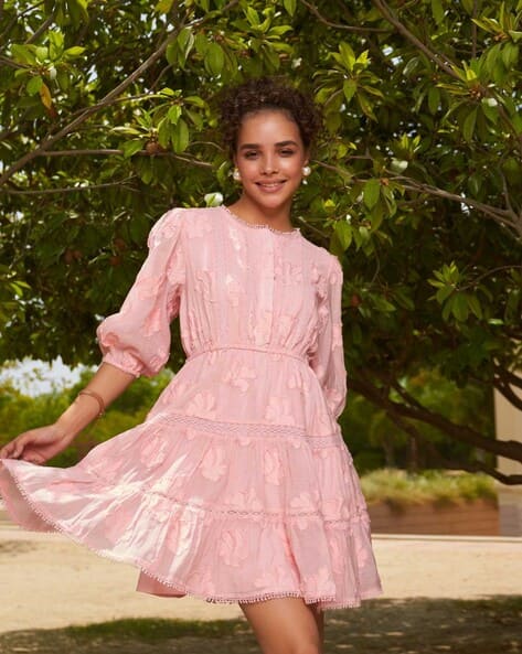 Buy STYLE ISLAND Embroidered Fit & Flare Dress | Pink Color Women | AJIO  LUXE
