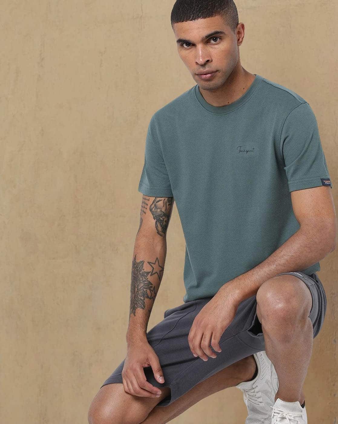 Teamspirit Regular Fit Popcorn Crew-Neck T-Shirt For Men (Green, L)