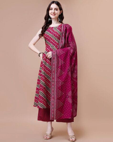 PRATHAM BLUE Women Bandhani Print Flared Kurta & Palazzos with Dupatta