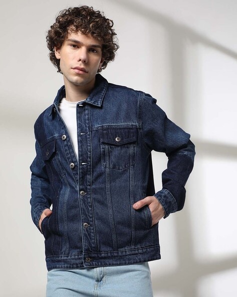 Men Lightly Washed Relaxed Fit Denim Jacket