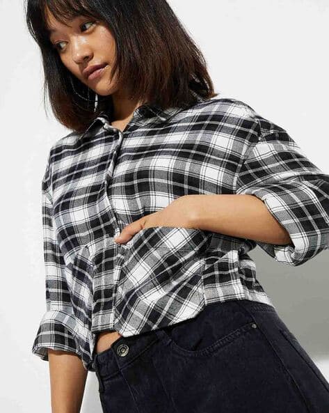 Y's HAND PAINTED PLAID PRINT CROPPED T 黒 Y's HAND PAINTED PLAID PRINT CROPPED T 黒