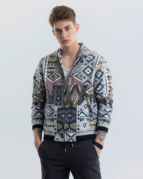 Men Geometric Print Relaxed Fit Bomber Jacket