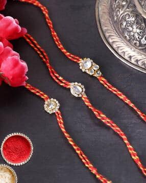 panash Set of 3 Gold-Plated Stone-Studded Tie-Up Rakhis with Roli Chawal-picture-12