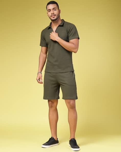 Men Knitted T-Shirt Shorts Co-Ord Set - Main Image