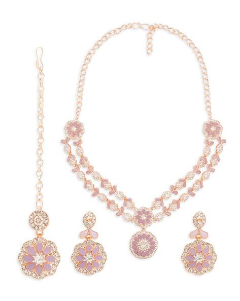 VATSALYA Women Rose Gold-Plated Stone-Studded Necklace & Earrings with Mangtika