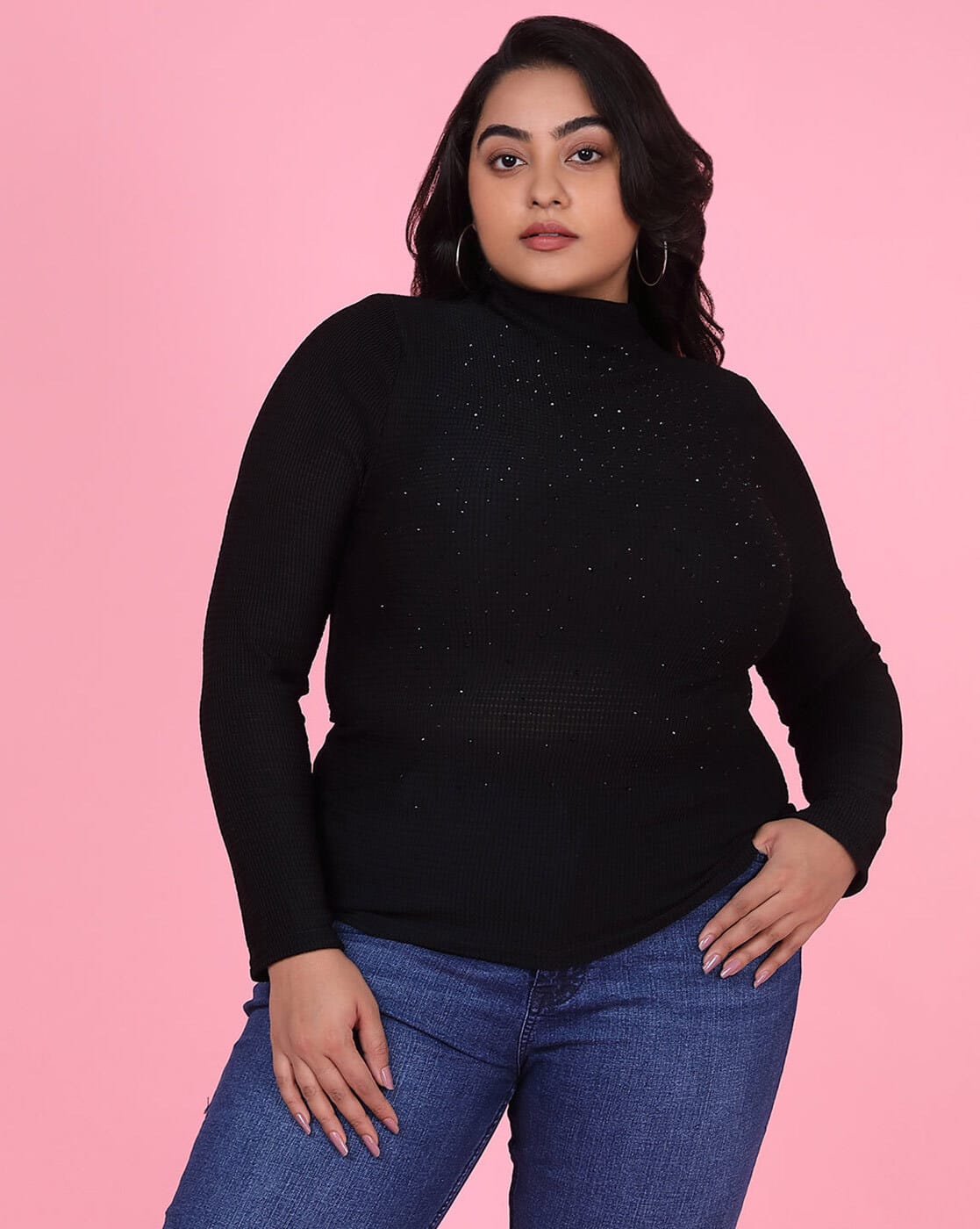 Plus Size Ladies Black Roll Neck Women Plus Size Black Ribbed High