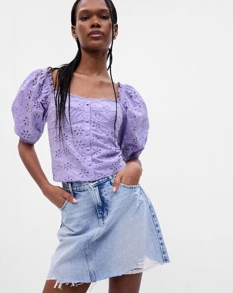 Buy GAP Square-Neck Top with Puff Sleeves Online | Ajio.com