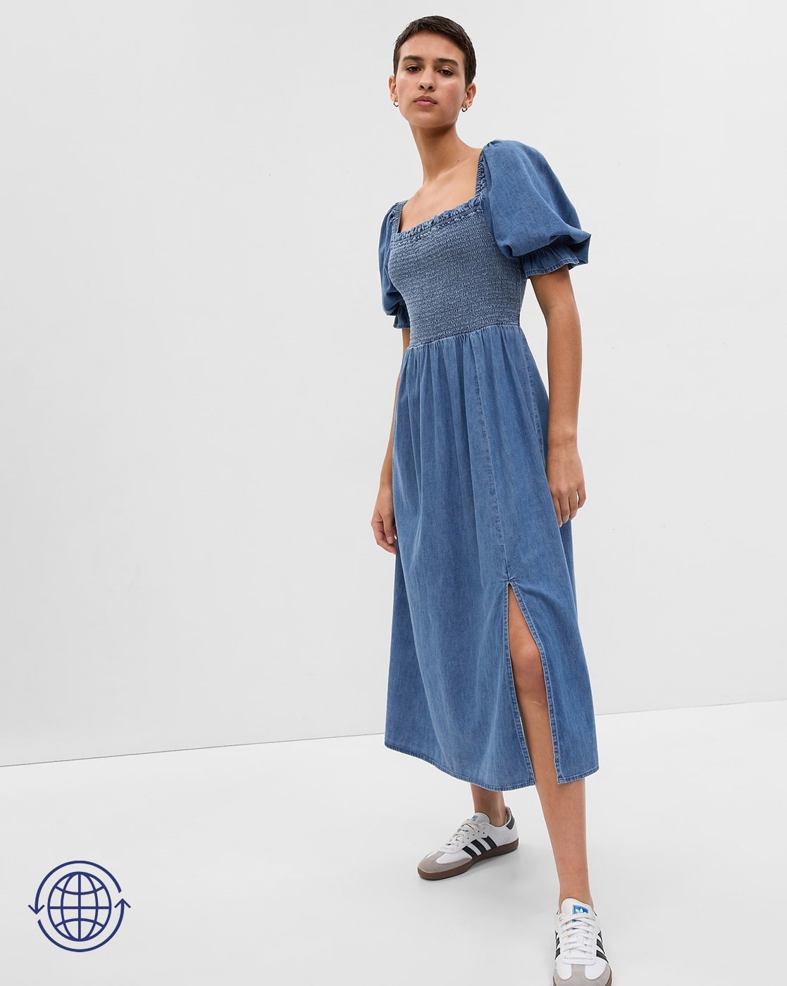 Denim Fit & Flare Dress with Smocking