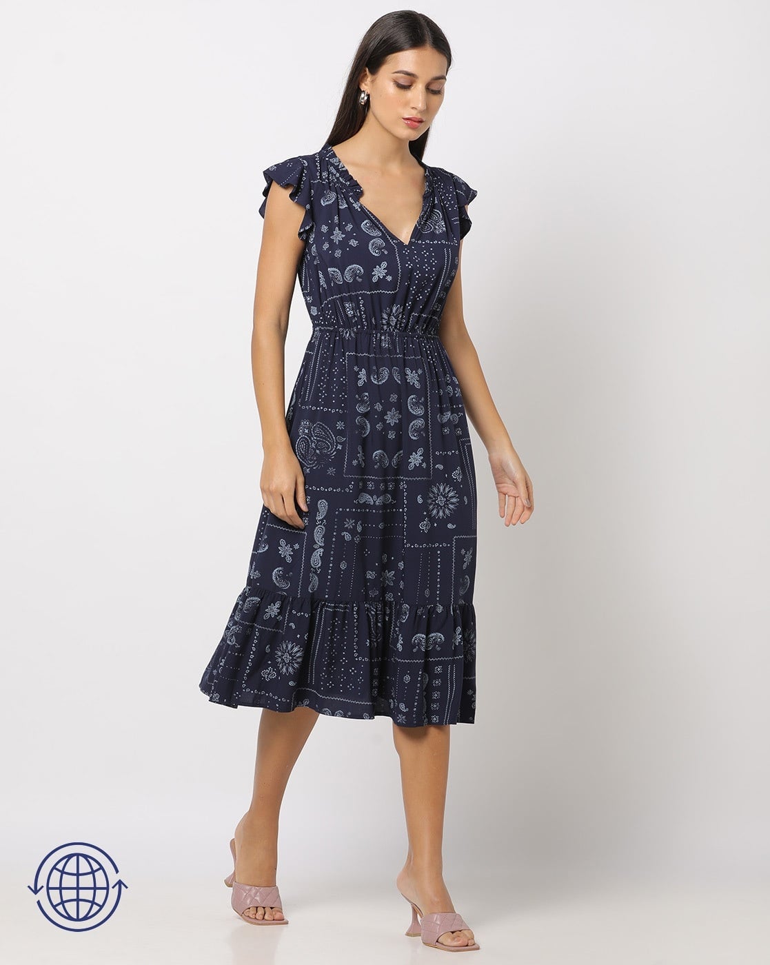 Paisley Print V-Neck Fit & Flare Dress