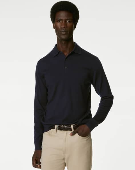 Merino Wool Mens Knitted Long Sleeve Polo Shirts Pure Extra Fine