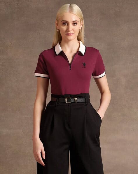 Women Regular Fit Polo T-Shirt with Logo Embroidered